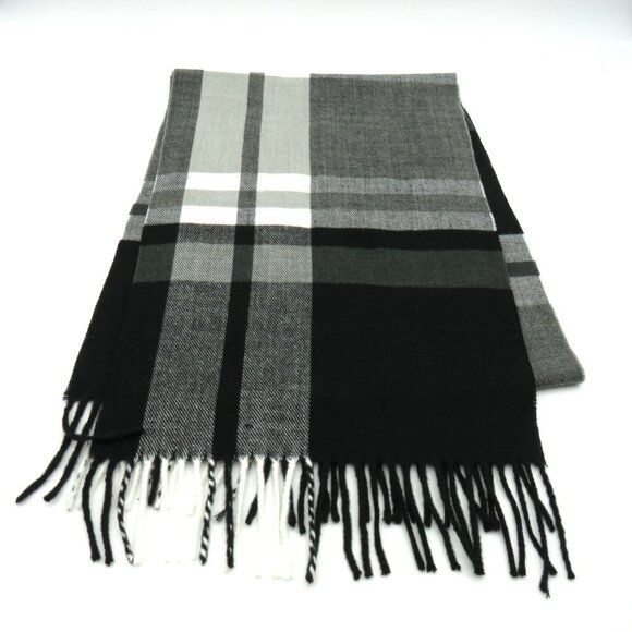 Italy Design Scarf Black 68" White Plaid Cashmere Feel Fringe Unisex Soft - Picture 1 of 5
